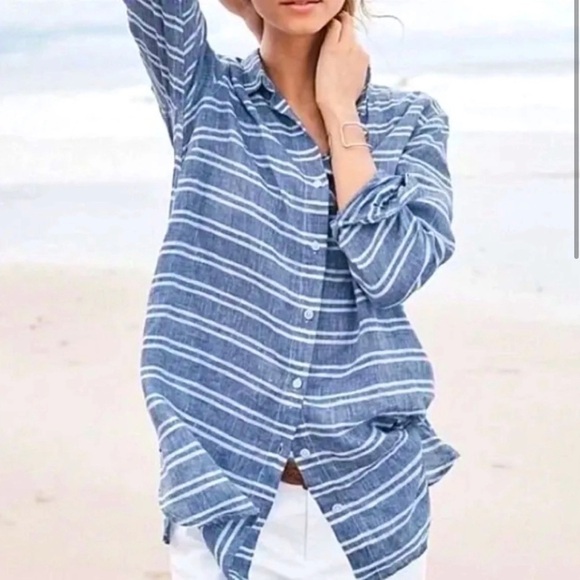 Garnet Hill Tops - Garnet Hill Striped Linen Collared Button Up Tunic Top Beachy Coastal Chic